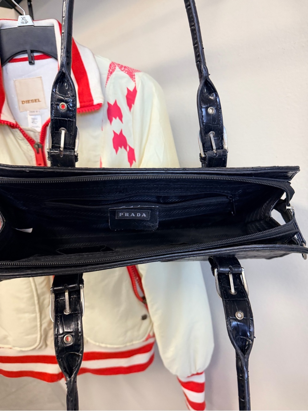 Prada Black Ostrich-Effect Shoulder Bag with Croc Panels - Picture 2 of 6